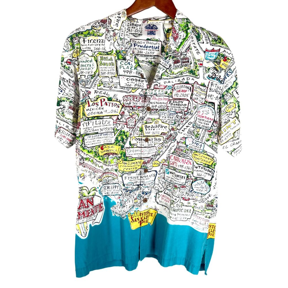 Vintage Aloha Shirt Man San Clemente CA Signs S Multicolor Fun Novelty Print